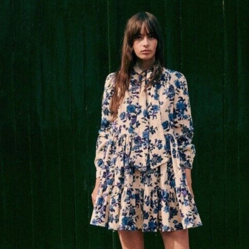 Sezane Soledad velvet dress in blue floral print [NWT]
